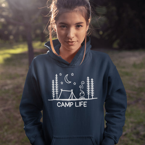 This cozy classic hoodie features a campsite-themed logo with the proud declaration: Camp Life—for those who believe marshmallows are a food group